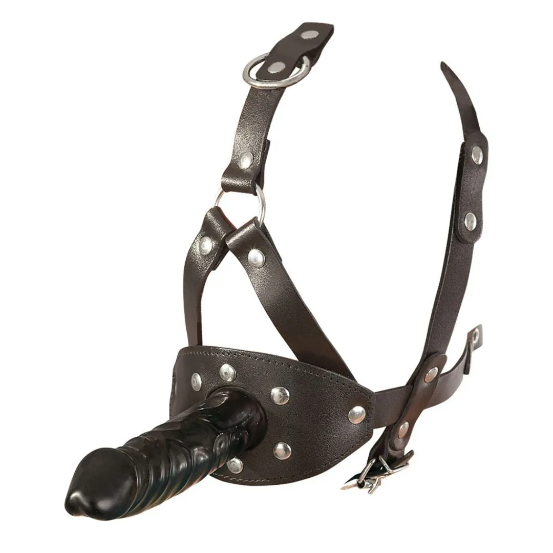 Leder Kopfgeschirr mit Latexdildo und Mundknebel – Bild 3