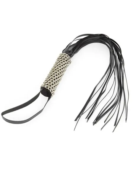 Lederpeitsche mit Kettengriff + 16 Riemen, schwarz Lederpeitsche mit Kettengriff + 16 Riemen, schwarz