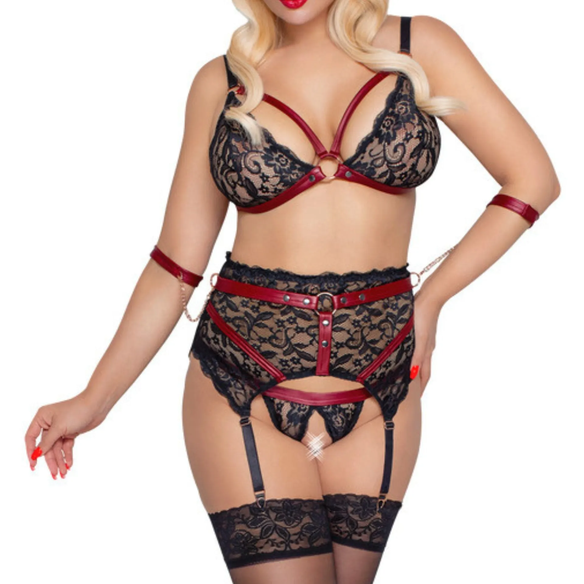 Straps-Set aus Spitze mit Armfesseln Straps-Set aus Spitze mit Armfesseln