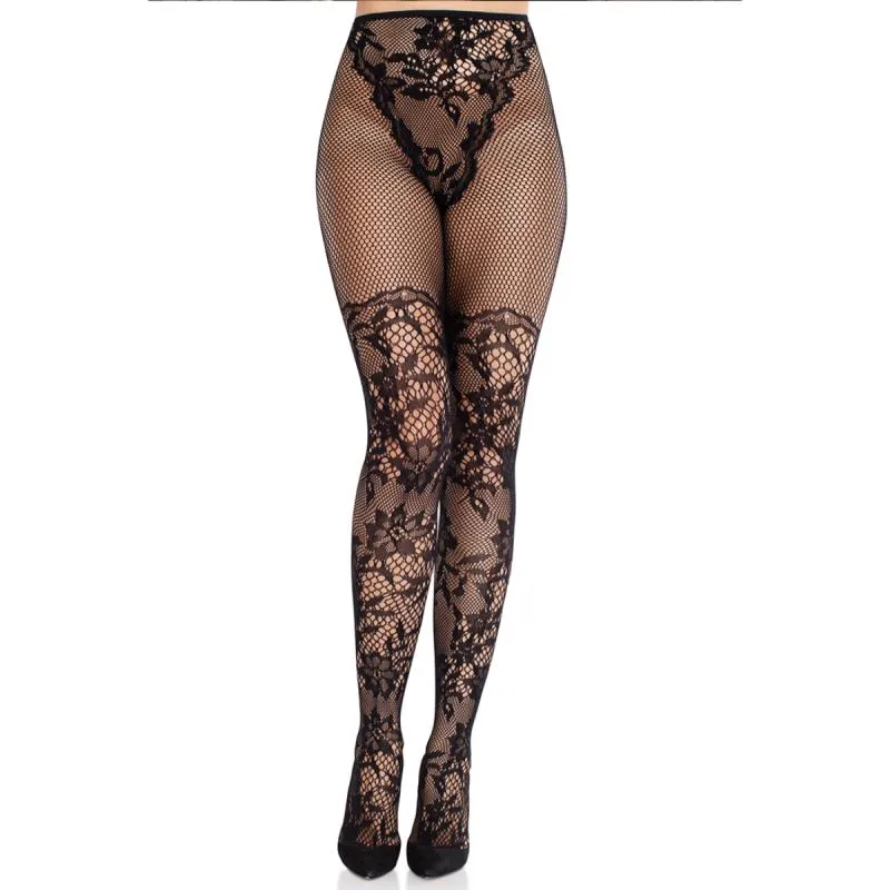 Leg Avenue - Dahlia Spitzenstrumpfhose Netzdetail - Schwarz Leg Avenue - Dahlia Spitzenstrumpfhose Netzdetail - Schwarz