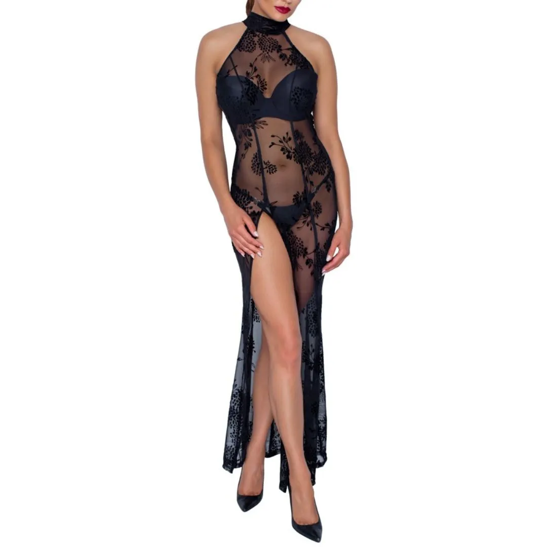 Langes, transparentes Kleid mit Blüten-Samtflockprint Langes, transparentes Kleid mit Blüten-Samtflockprint