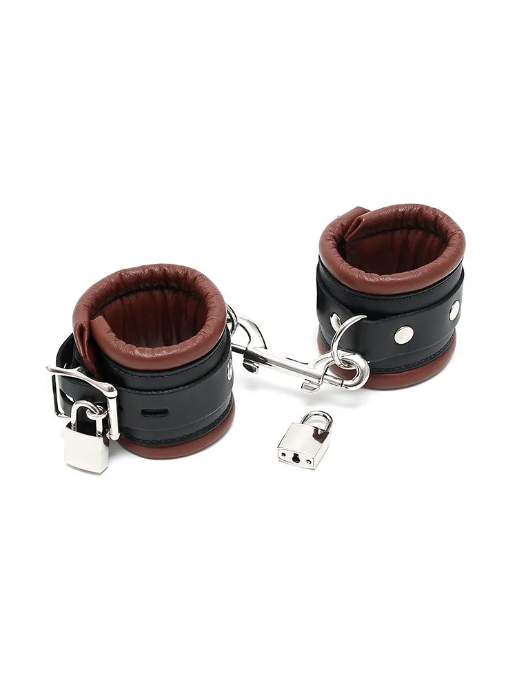 Leder-Handfesseln gepolstert und abschließbar, braun/schwarz Leder-Handfesseln gepolstert und abschließbar, braun/schwarz