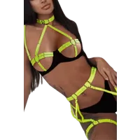 4tlg. Dessous Set mit Bändern - schwarz neongrün 4tlg. Dessous Set mit Bändern - schwarz neongrün