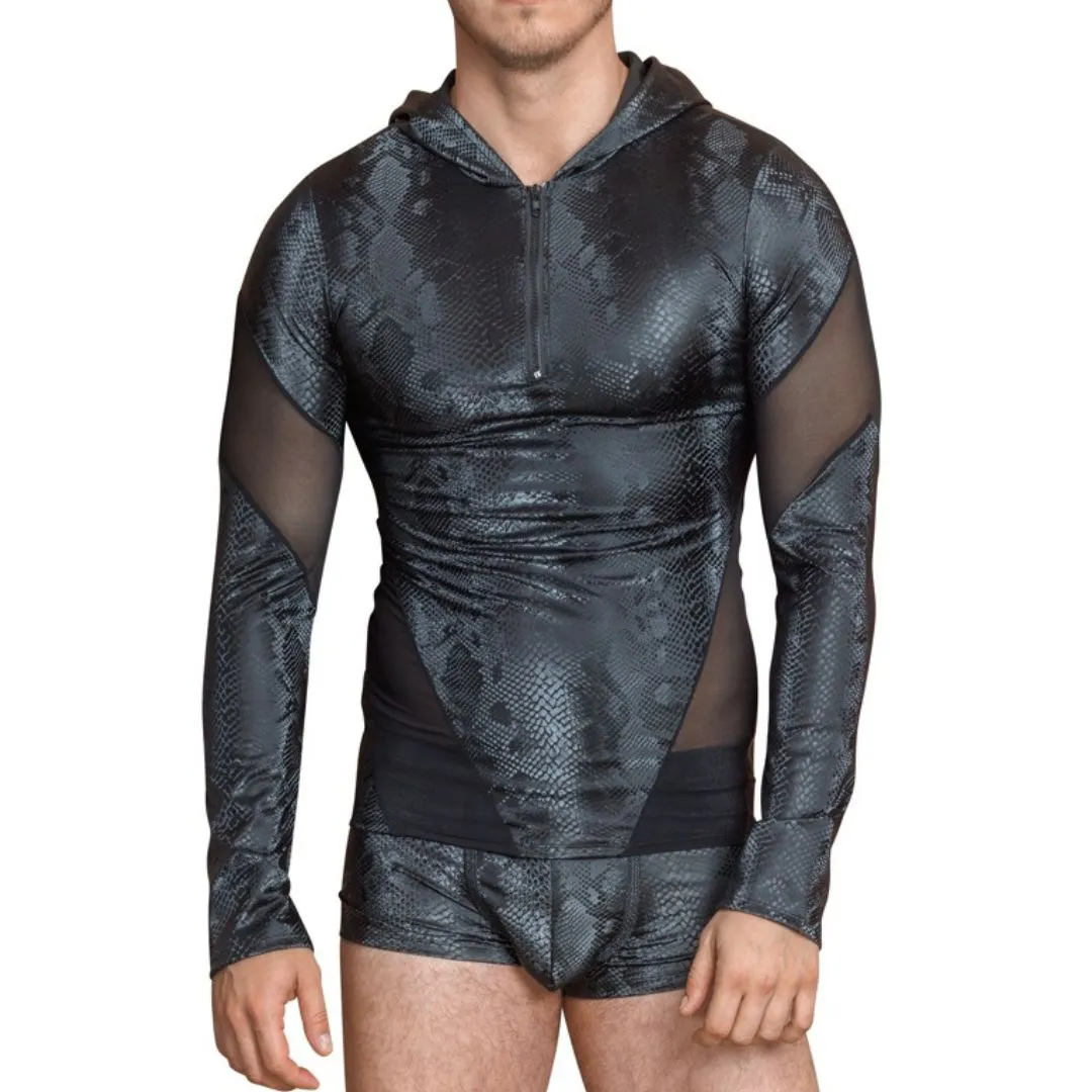 Langarm-Shirt in mattglänzender Schlangenhaut-Optik und Kapuze Langarm-Shirt in mattglänzender Schlangenhaut-Optik und Kapuze