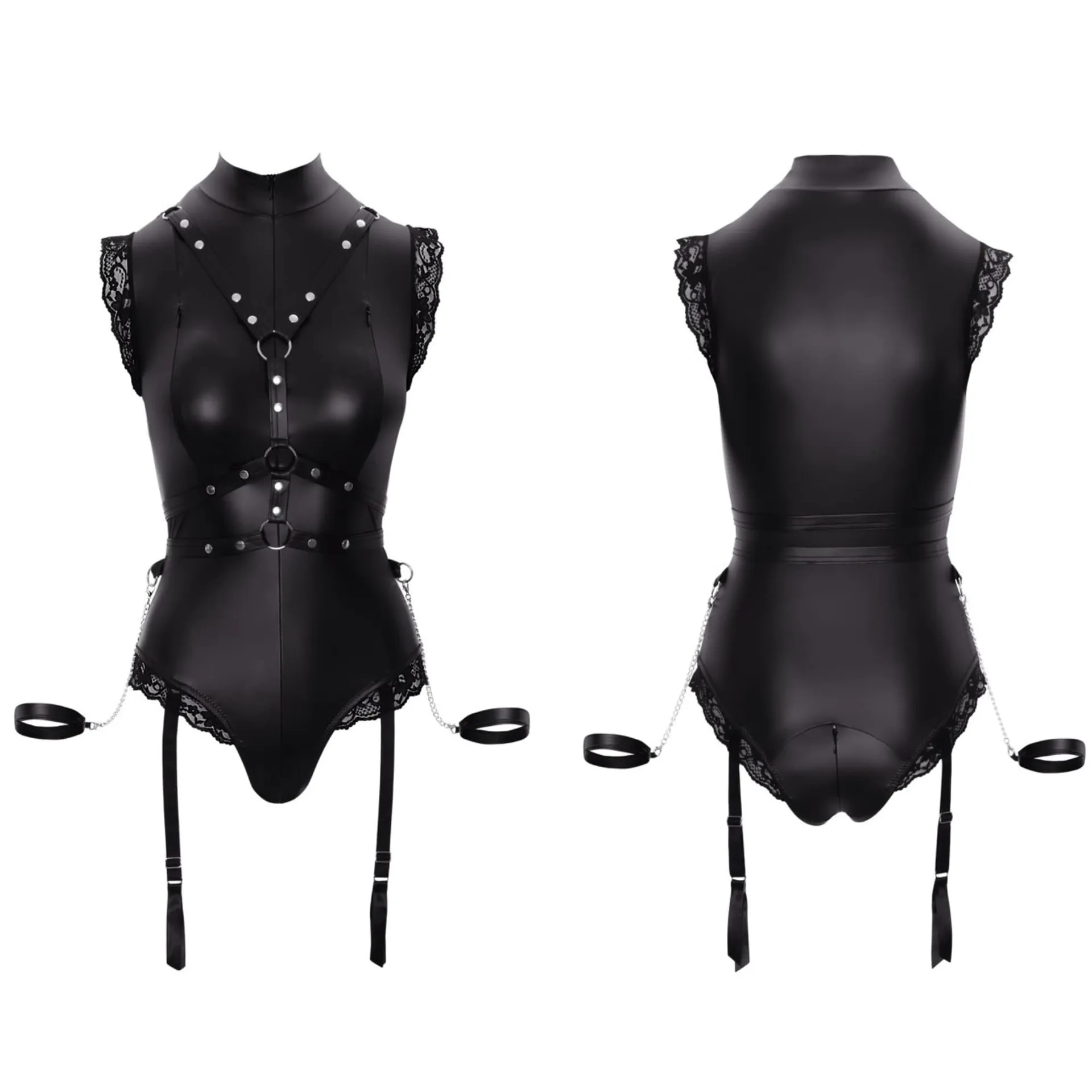 Body Ouvert mit nietenbesetztem Harness in Lederoptik – Bild 5