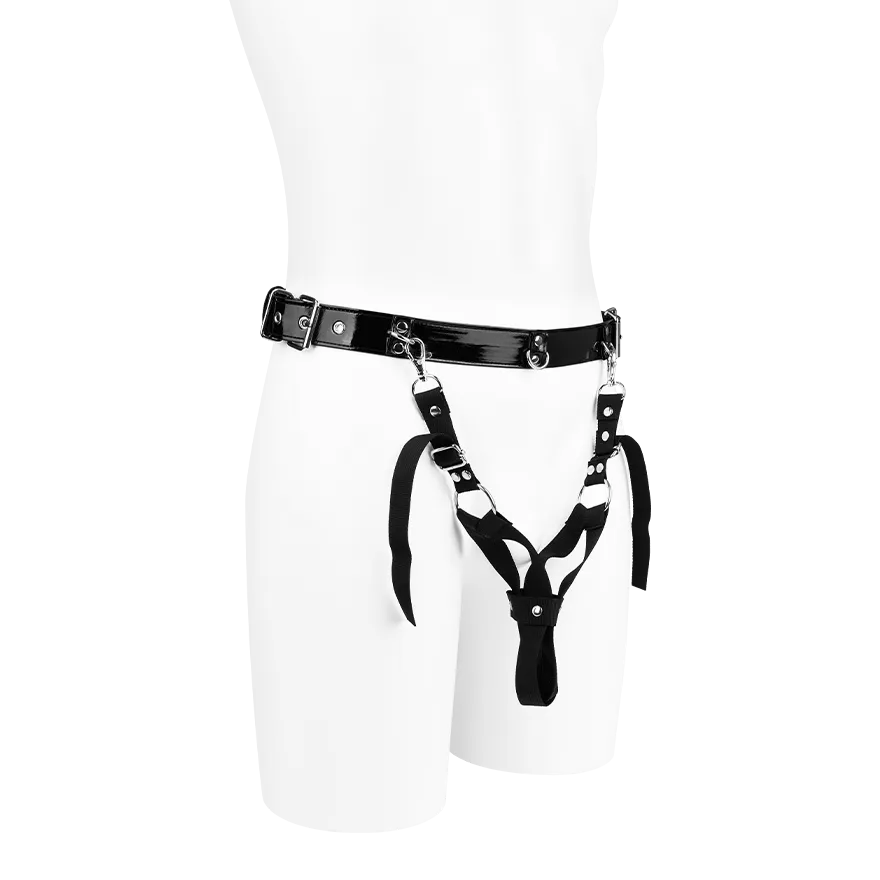 Gürtel in Lackoptik mit abnehmbaren Peniskäfig Gürtel in Lackoptik mit abnehmbaren Peniskäfig