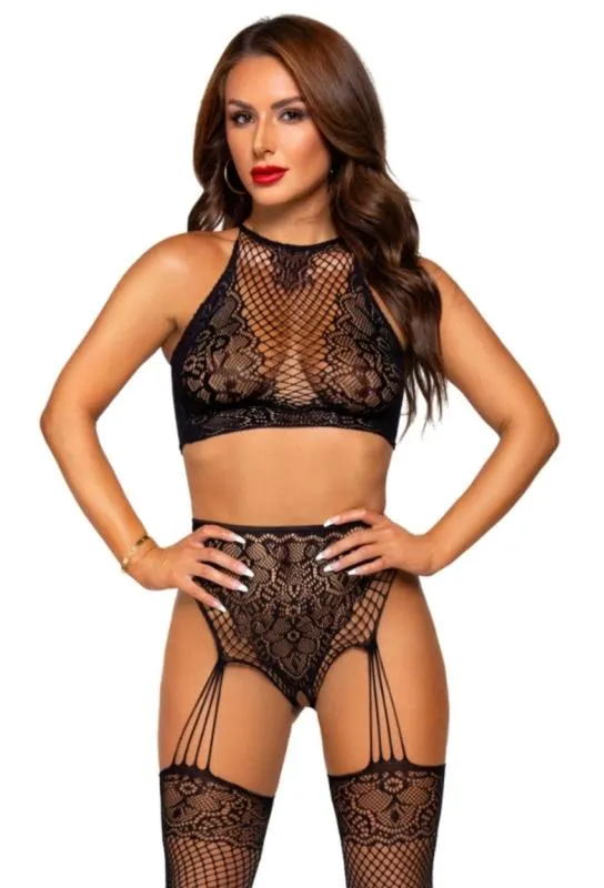 Leg Avenue - Neckholder-Spitzenbody mit Angenähten Strapsen - Schwarz – Bild 3