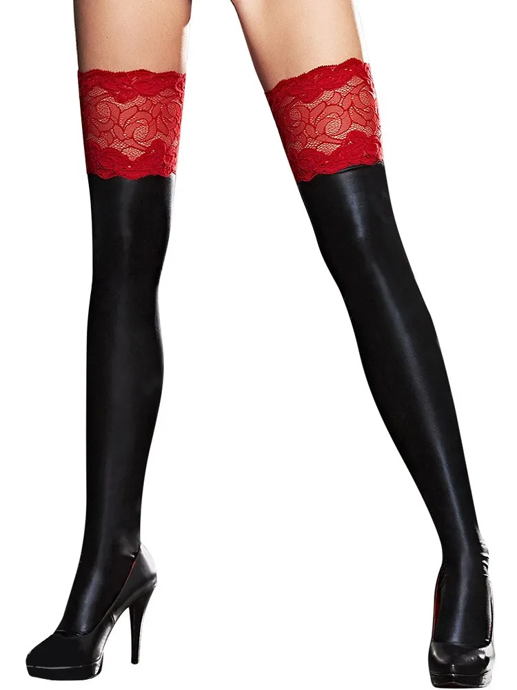 7-Heaven Wetlook-Spitzen-Strapsstrümpfe, schwarz/rot (L/XL) 7-Heaven Wetlook-Spitzen-Strapsstrümpfe, schwarz/rot (L/XL)