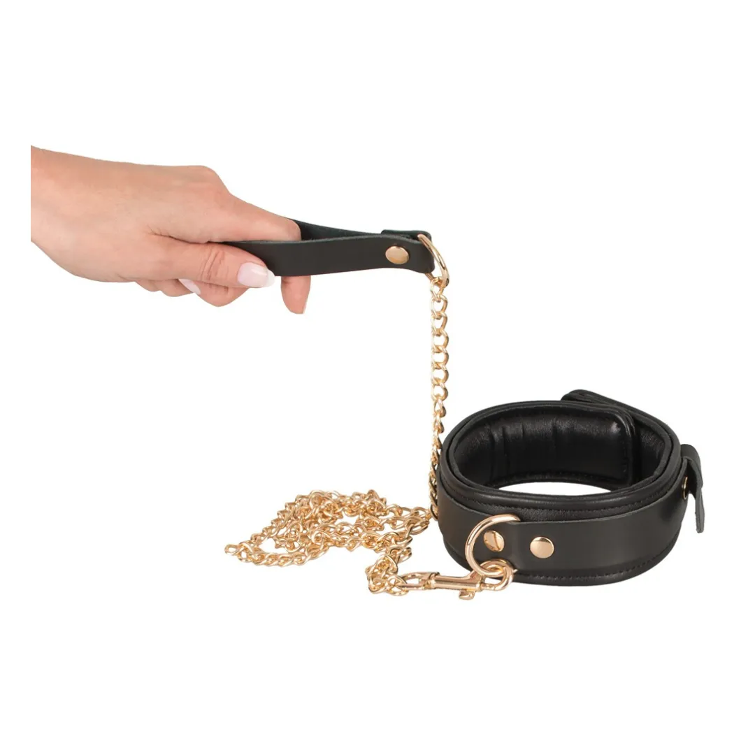 Halsfessel plus Leine aus Leder mit Gold-Details – Bild 4