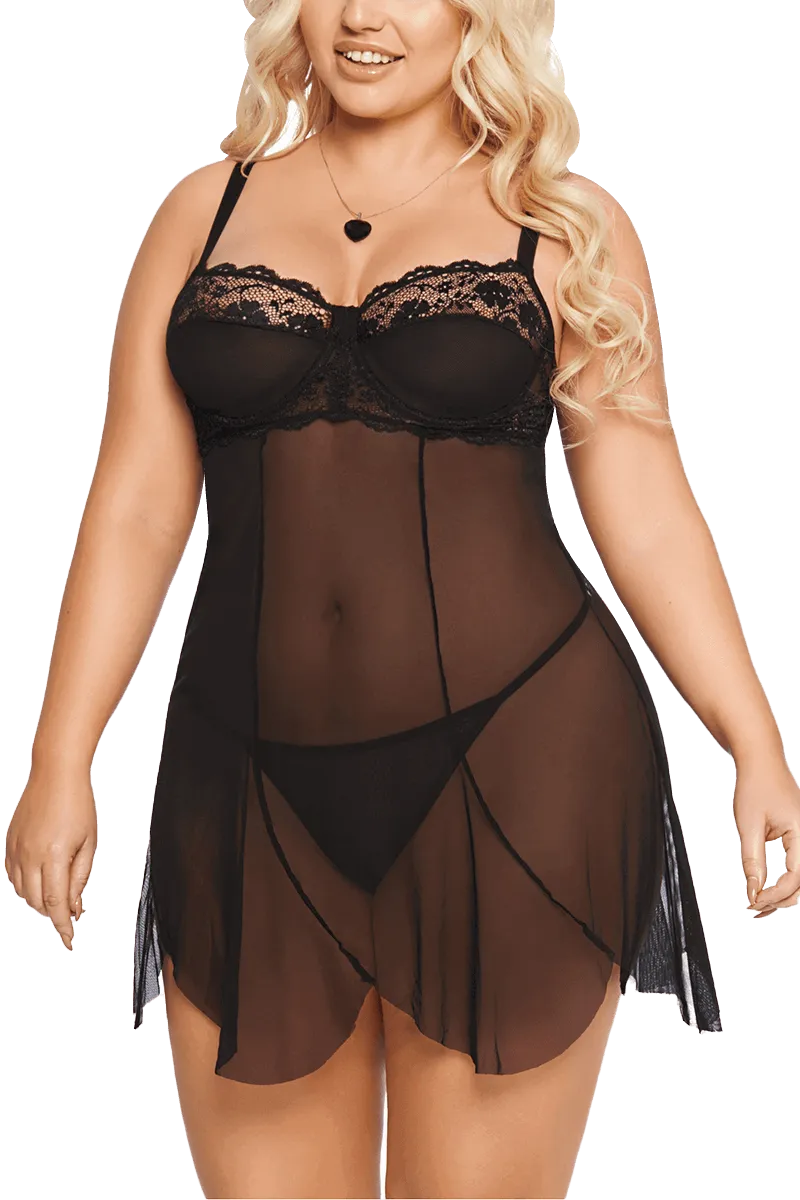Schwarzes Babydoll aus Spitze und Tüll Plus Size Schwarzes Babydoll aus Spitze und Tüll Plus Size