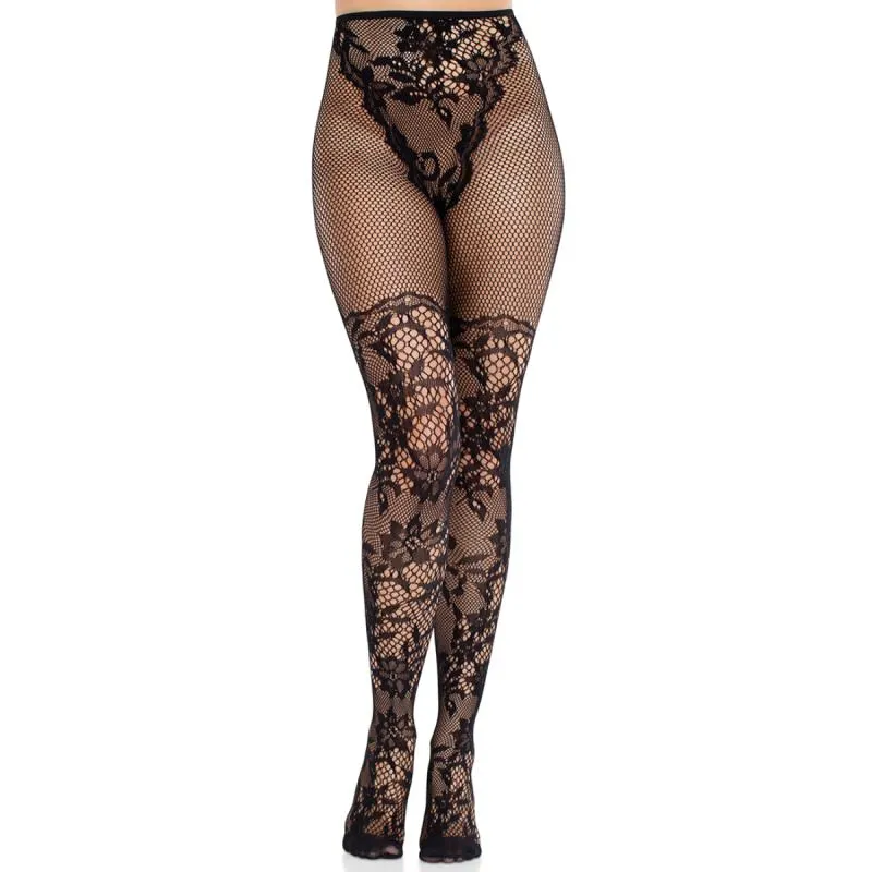 Leg Avenue - Dahlia Spitzenstrumpfhose Netzdetail - Schwarz – Bild 5