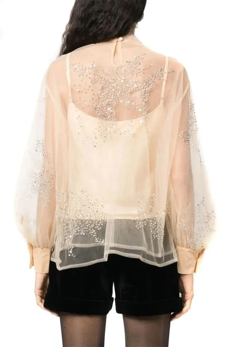 Des Phemmes - Embellished Sheer Sweater With Puff Sleeves And De - Größe 38 - beige – Bild 3