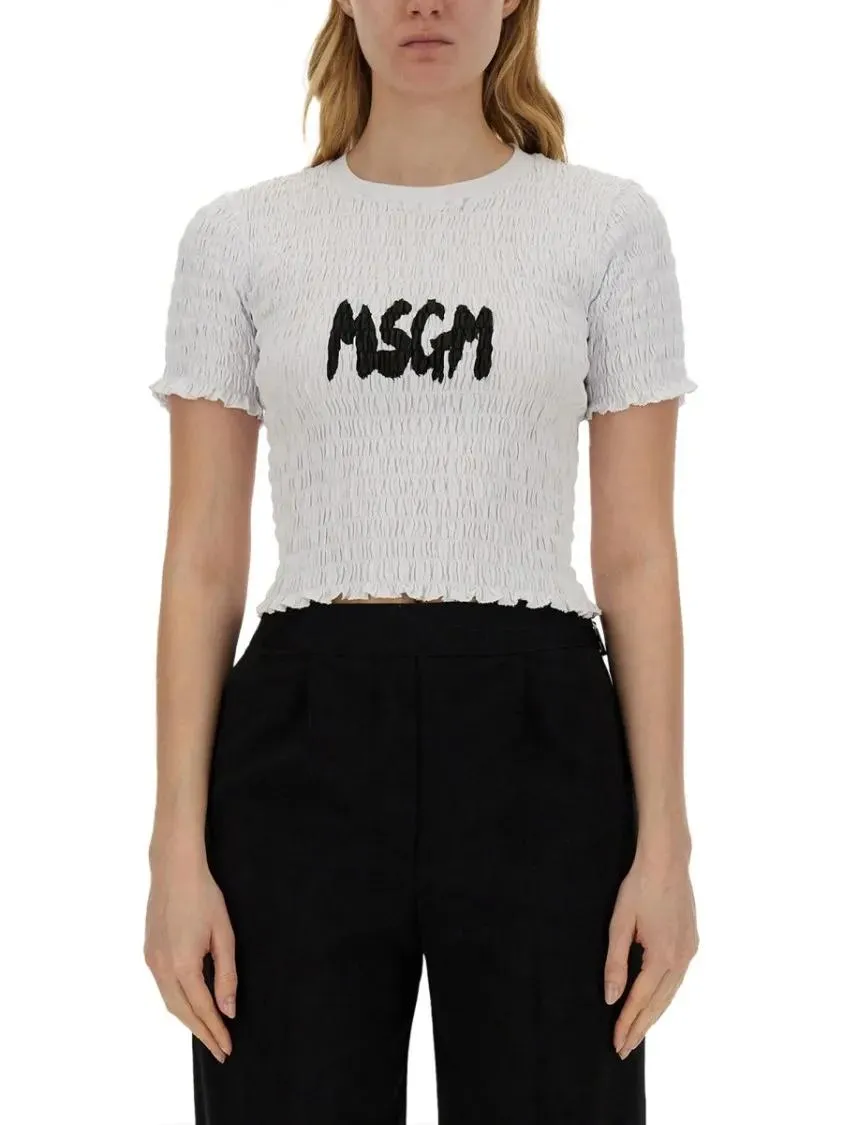 MSGM - Cropped T-Shirt With Logo - Größe L - weiß MSGM - Cropped T-Shirt With Logo - Größe L - weiß