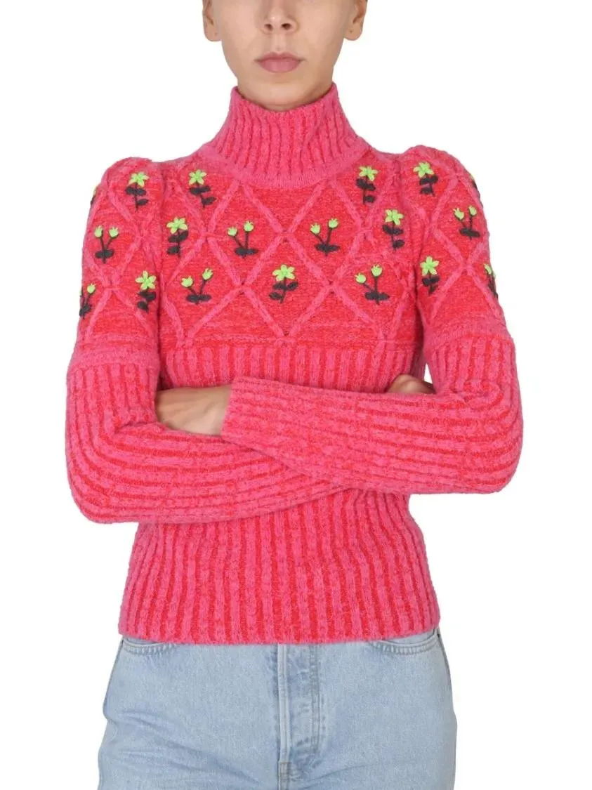 Cormio - Ribbed Knit Jersey With Floral Embroidery - Größe XS - rot – Bild 2