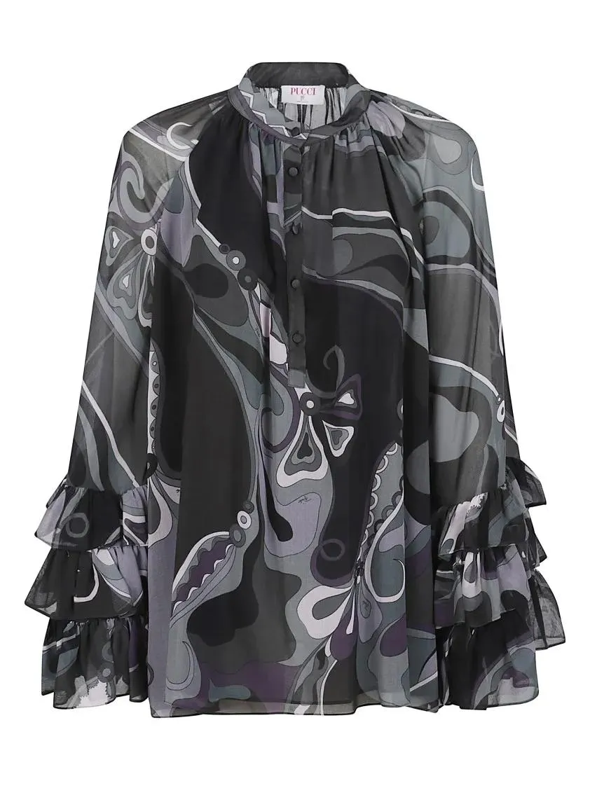 Emilio Pucci - Sheer Silk Blouse With Abstract Swirling Pattern - Größe 42 - schwarz Emilio Pucci - Sheer Silk Blouse With Abstract Swirling Pattern - Größe 42 - schwarz