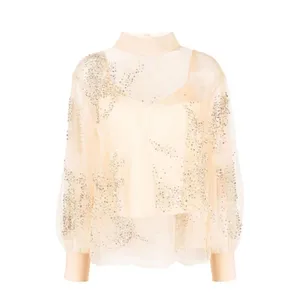 Des Phemmes - Embellished Sheer Sweater With Puff Sleeves And De - Größe 38 - beige Des Phemmes - Embellished Sheer Sweater With Puff Sleeves And De - Größe 38 - beige