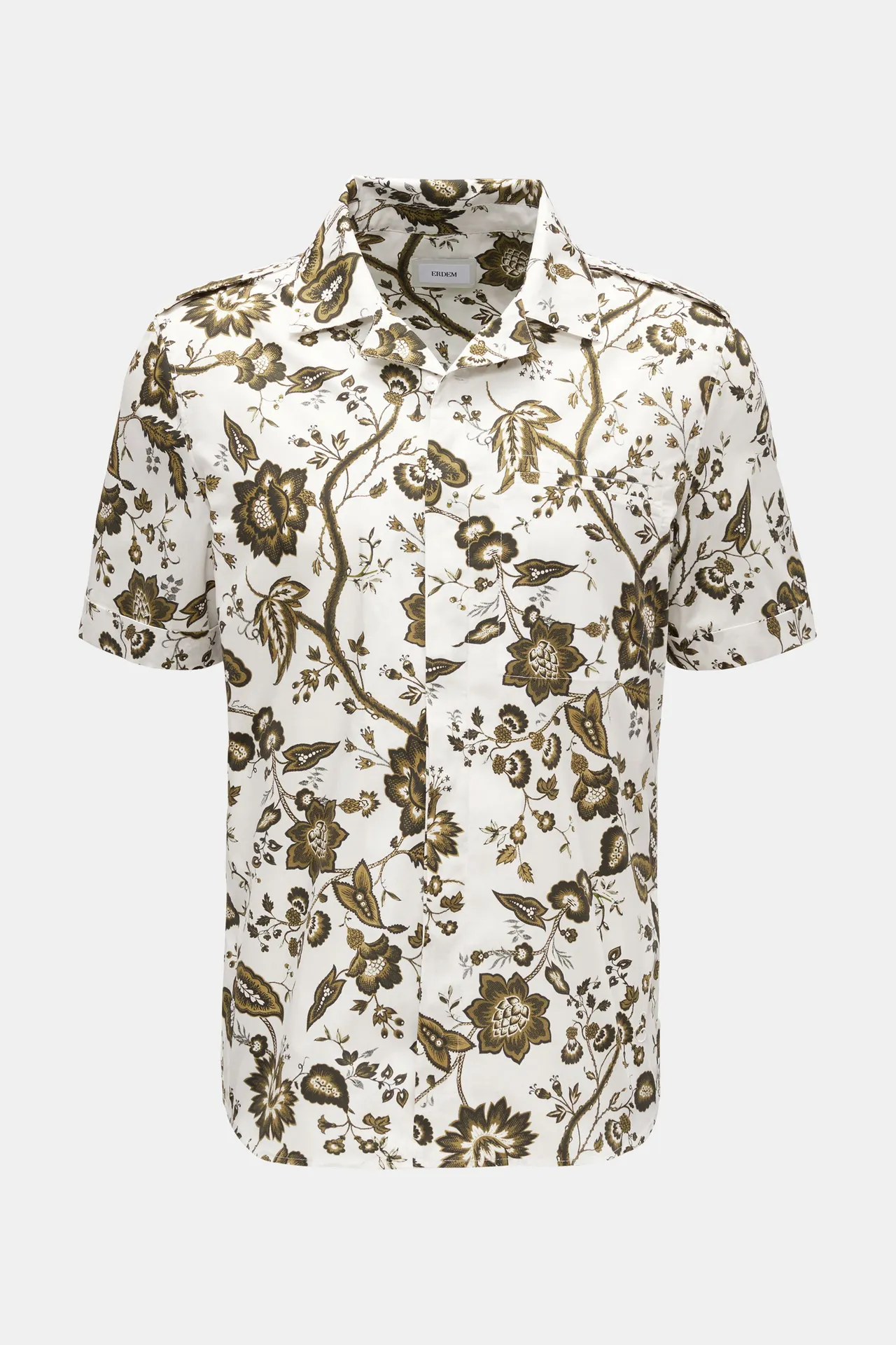Erdem - Herren - Kurzarmhemd %27Grayson%27 Kubanischer Kragen weiß/oliv gemustert Erdem - Herren - Kurzarmhemd %27Grayson%27 Kubanischer Kragen weiß/oliv gemustert