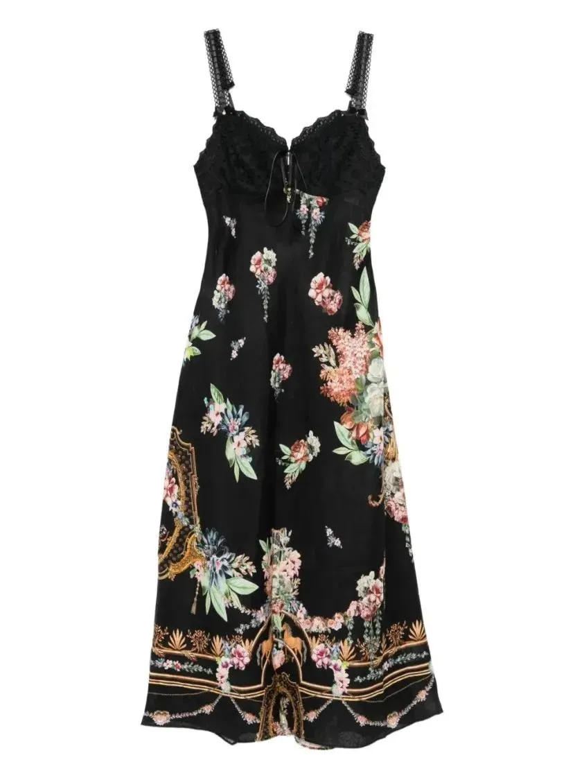 Camilla - Lace-Trimmed Floral-Print Midi Dress - Größe M - schwarz Camilla - Lace-Trimmed Floral-Print Midi Dress - Größe M - schwarz