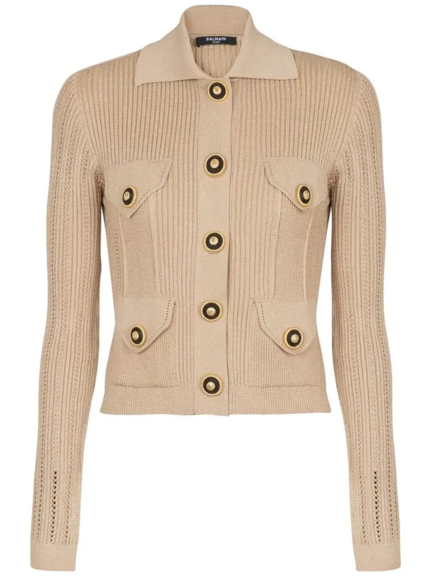 Balmain - Cropped Ribbed Knit Sweater With Classic Collar An - Größe 40 - beige Balmain - Cropped Ribbed Knit Sweater With Classic Collar An - Größe 40 - beige