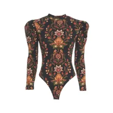 Farm Rio - Fitted Bodysuit With Structured Puffed Shoulders - Größe S - schwarz Farm Rio - Fitted Bodysuit With Structured Puffed Shoulders - Größe S - schwarz