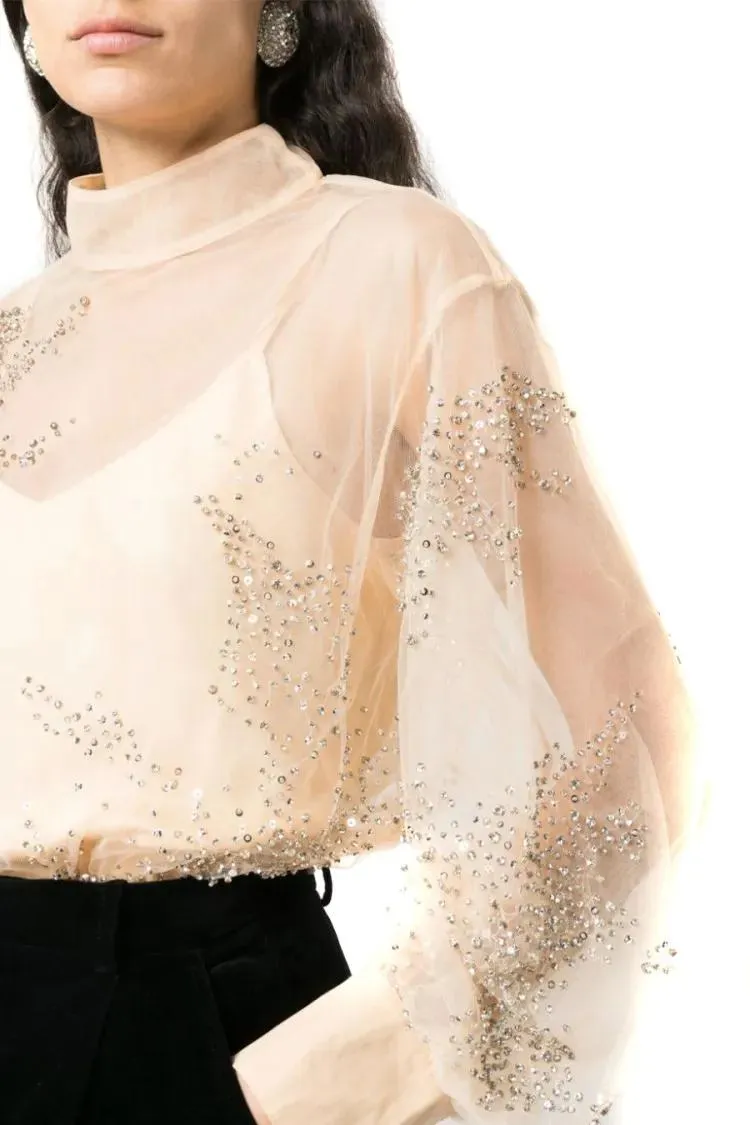 Des Phemmes - Embellished Sheer Sweater With Puff Sleeves And De - Größe 38 - beige – Bild 2
