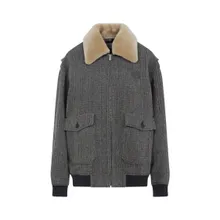 Miu Miu - Grey Shearling-Collared Jacket With Classic Check - Größe 38 - grau Miu Miu - Grey Shearling-Collared Jacket With Classic Check - Größe 38 - grau