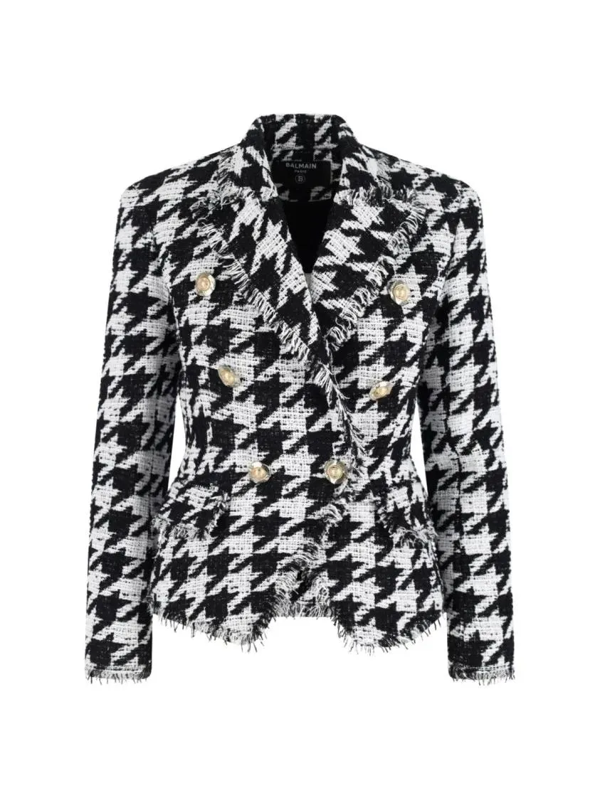 Balmain - Double-Breasted Houndstooth Blazer With Frayed Des - Größe 36 - schwarz Balmain - Double-Breasted Houndstooth Blazer With Frayed Des - Größe 36 - schwarz