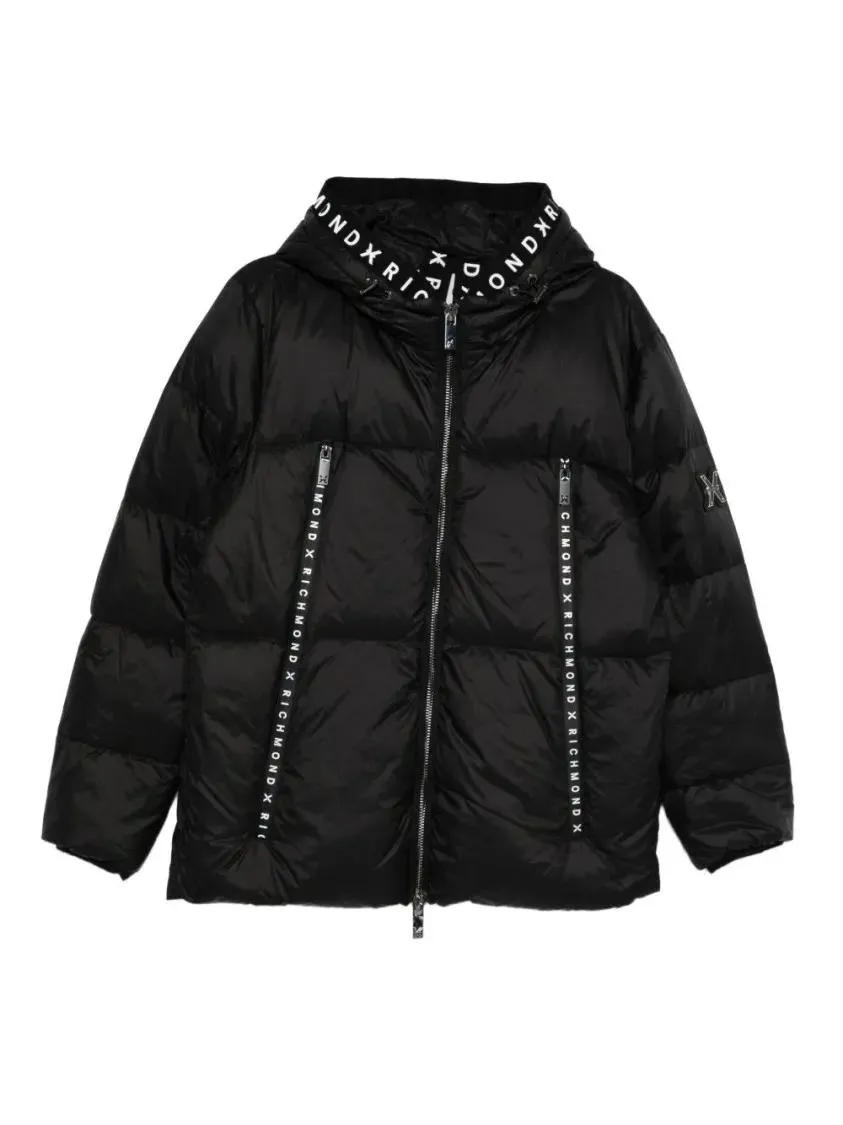 John Richmond - Puffy Black Jacket With Hood And Zip-Up Front - Größe 50 - schwarz John Richmond - Puffy Black Jacket With Hood And Zip-Up Front - Größe 50 - schwarz