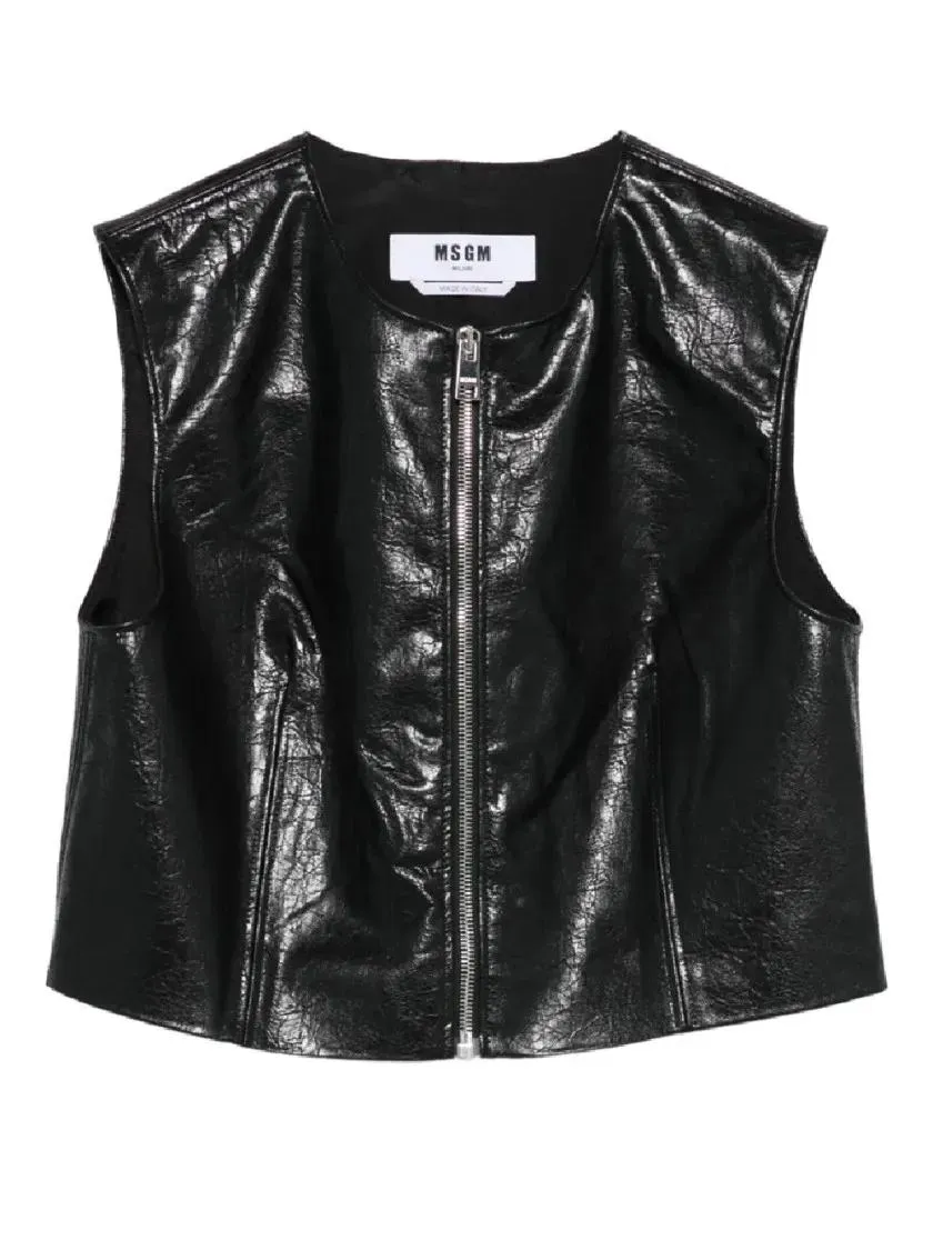 MSGM - Textured Black Faux Leather Sleeveless Top With Fr - Größe 44 - schwarz MSGM - Textured Black Faux Leather Sleeveless Top With Fr - Größe 44 - schwarz