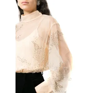 Des Phemmes - Embellished Sheer Sweater With Puff Sleeves And De - Größe 38 - beige