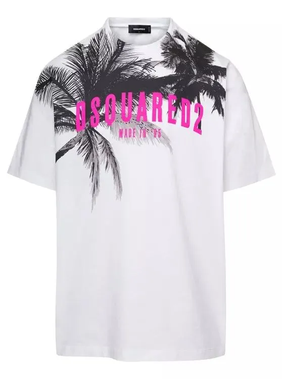 Dsquared2 - White Crewneck T-Shirt With Palms Logo Print In Co - Größe M - white Dsquared2 - White Crewneck T-Shirt With Palms Logo Print In Co - Größe M - white