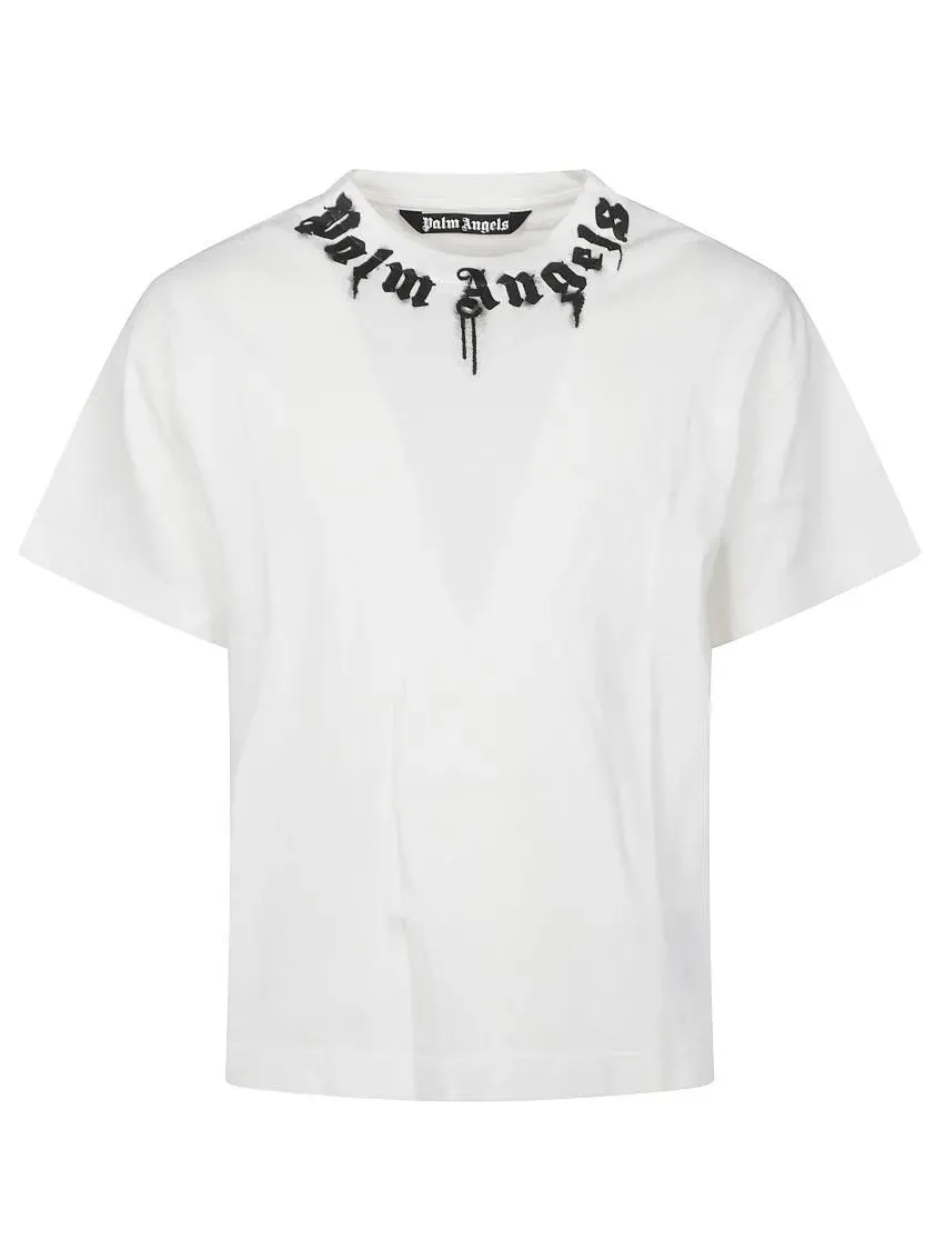 Palm Angels - Crew Neck T-Shirt With Spray-Paint Effect Logo Det - Größe L - weiß Palm Angels - Crew Neck T-Shirt With Spray-Paint Effect Logo Det - Größe L - weiß