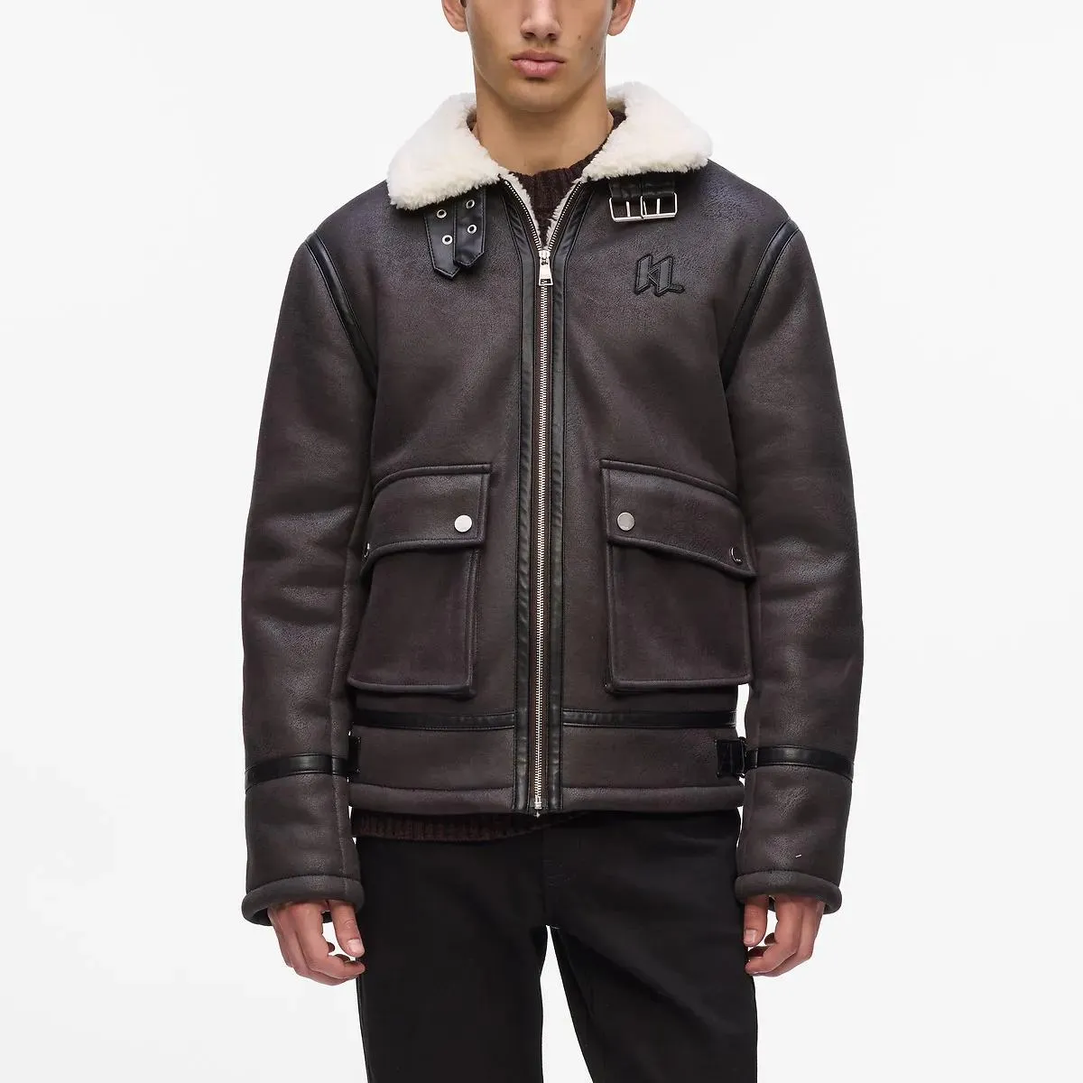 Karl Lagerfeld - Jacke aus Monogram-Shearling - Größe XL - braun – Bild 4