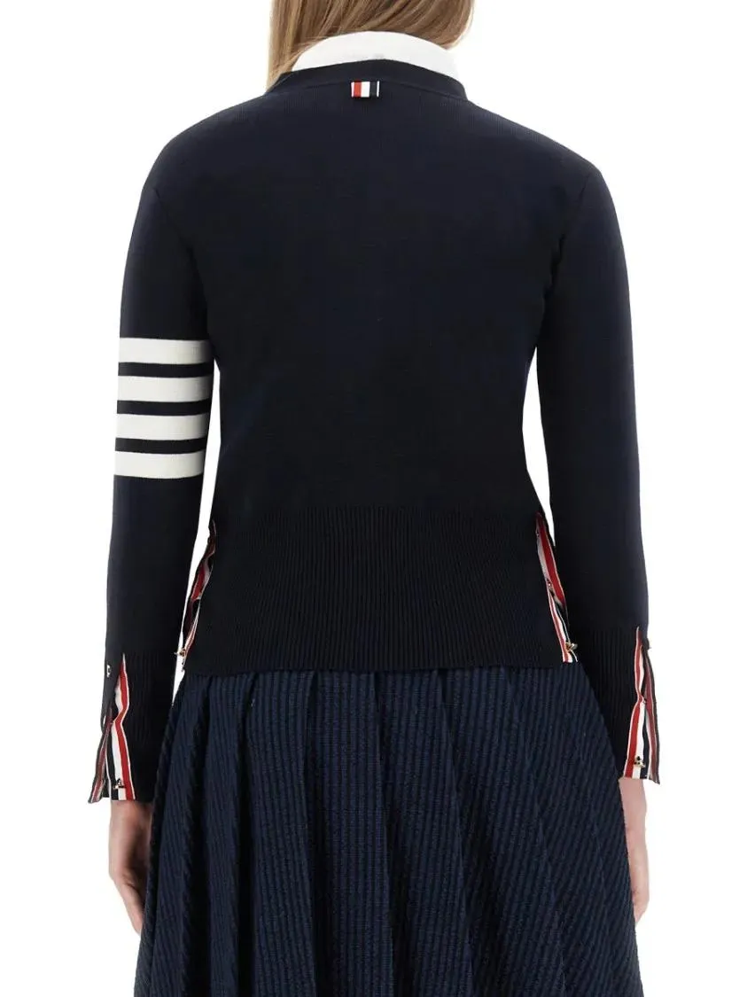 Thom Browne - V-Neck Virgin Wool Cardigan With Striped Detailing - Größe 44 - blau – Bild 3