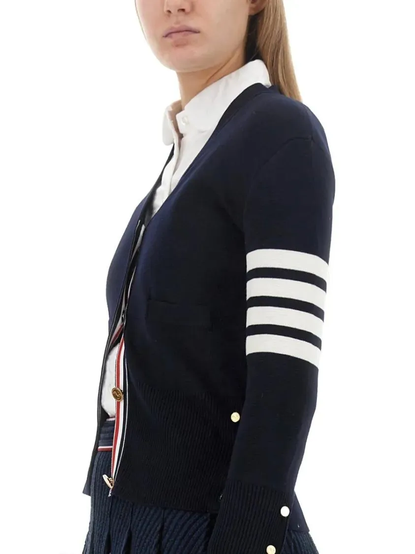 Thom Browne - V-Neck Virgin Wool Cardigan With Striped Detailing - Größe 44 - blau – Bild 2