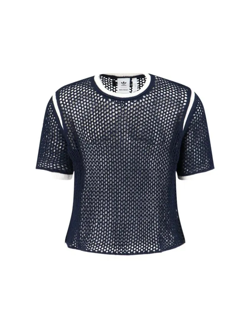 ADIDAS X WALES BONNER - Navy Crochet T-Shirt With White Trefoil Logo - Größe S - blue ADIDAS X WALES BONNER - Navy Crochet T-Shirt With White Trefoil Logo - Größe S - blue