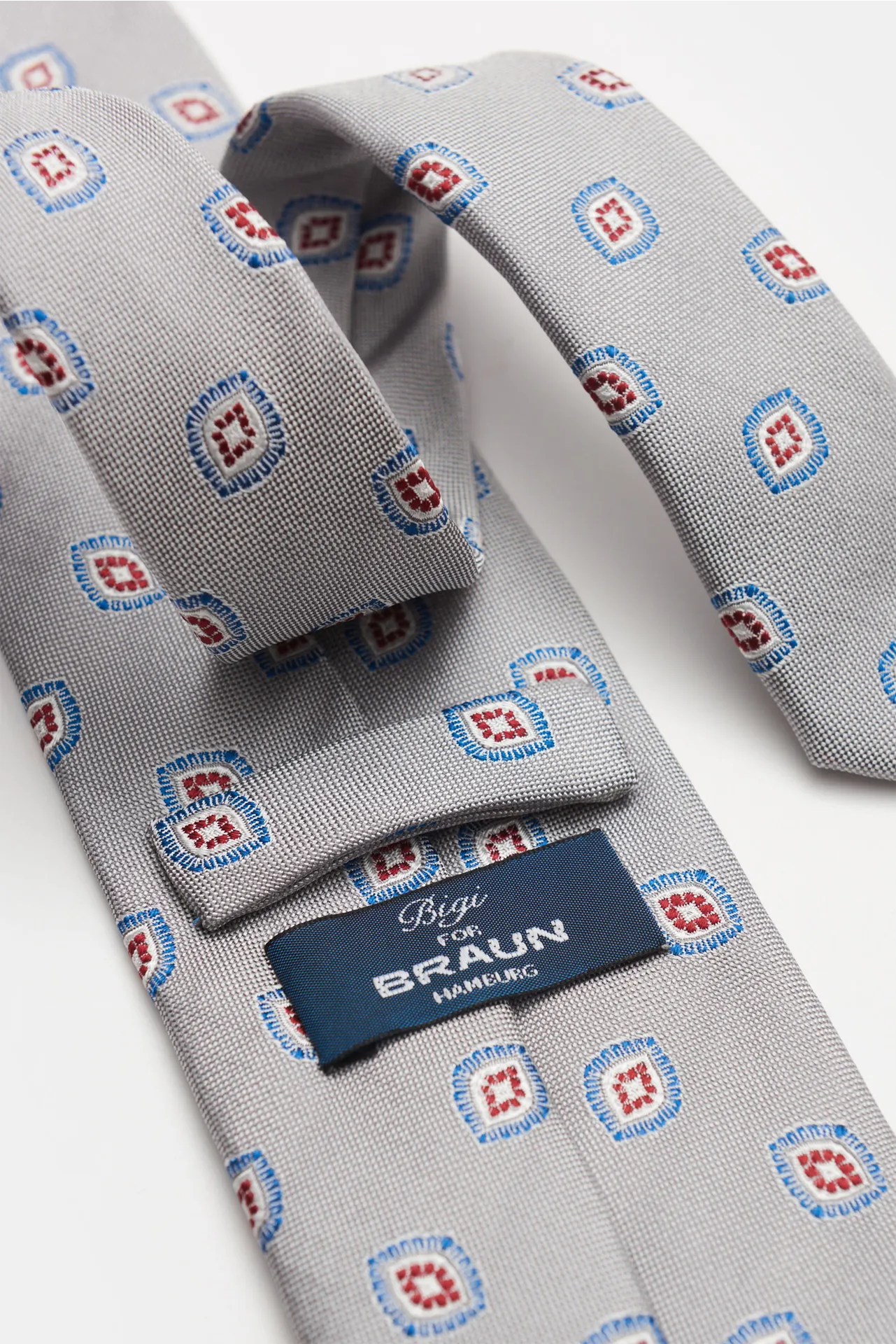 Bigi - Herren - Seidenkrawatte 'Volga' grau/blau/dunkelbraun gemustert – Bild 3