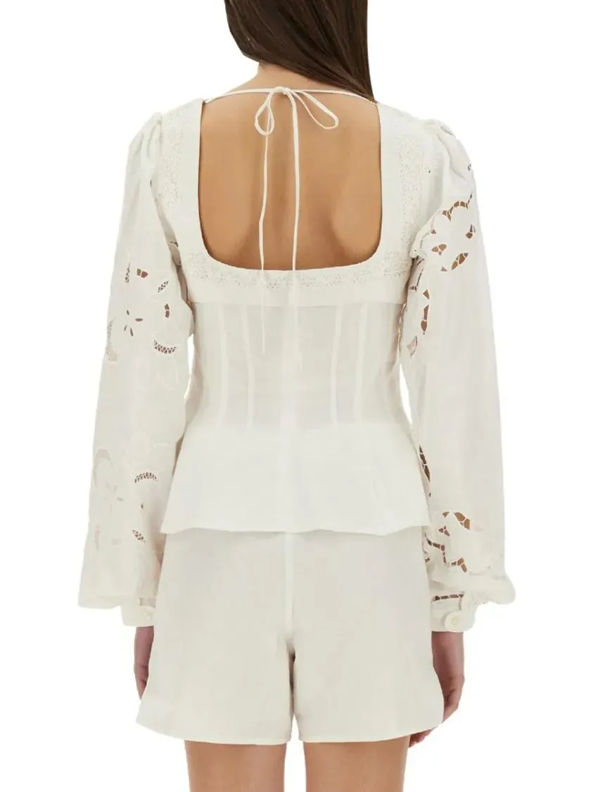 Marine Serre - Fitted White Top With Square Neckline And Floral E - Größe 36 - white – Bild 3