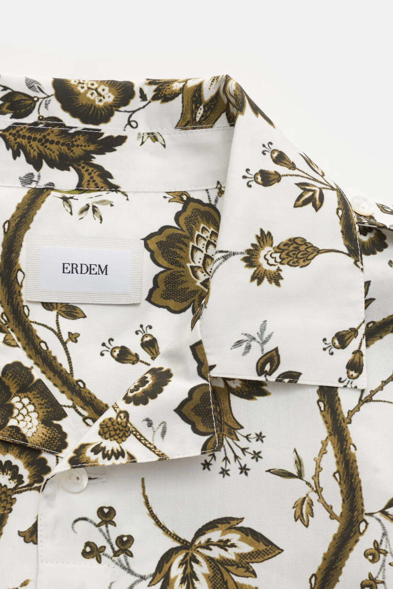 Erdem - Herren - Kurzarmhemd 'Grayson' Kubanischer Kragen weiß/oliv gemustert – Bild 2