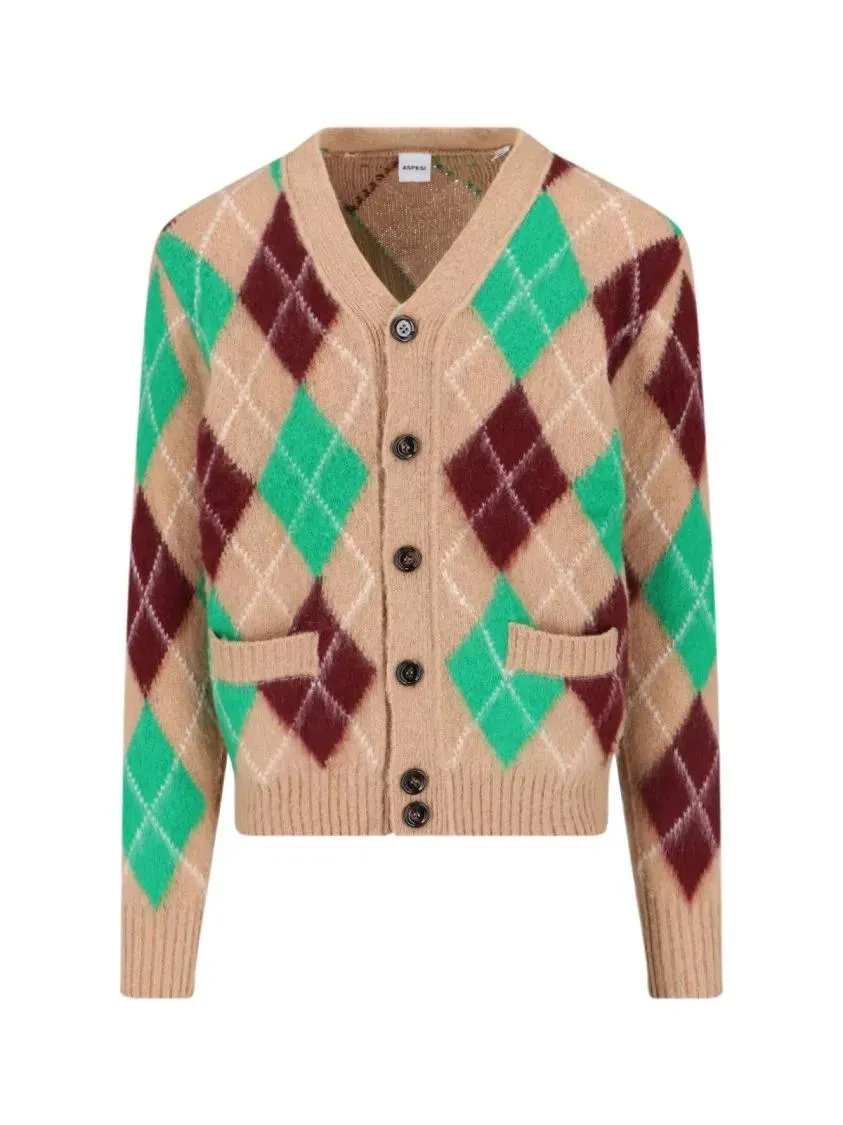 Aspesi - Shetland Wool Cardigan – Beige Argyle - Größe 50 - braun Aspesi - Shetland Wool Cardigan – Beige Argyle - Größe 50 - braun