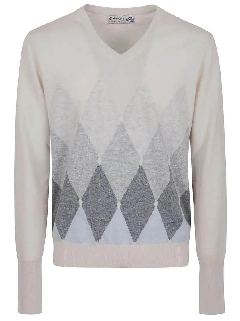 Ballantyne - Diamond Pattern Cashmere Sweater With V-Neck - Größe 50 - weiß Ballantyne - Diamond Pattern Cashmere Sweater With V-Neck - Größe 50 - weiß