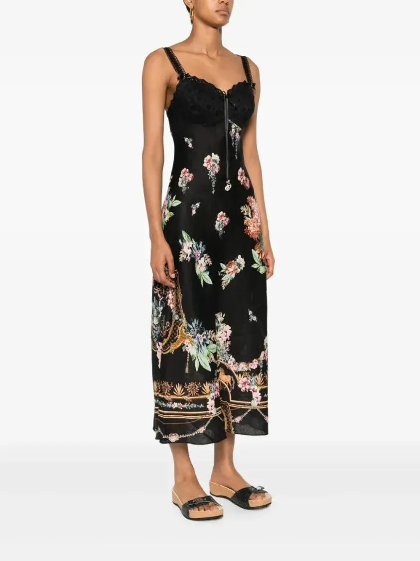 Camilla - Lace-Trimmed Floral-Print Midi Dress - Größe M - schwarz – Bild 4
