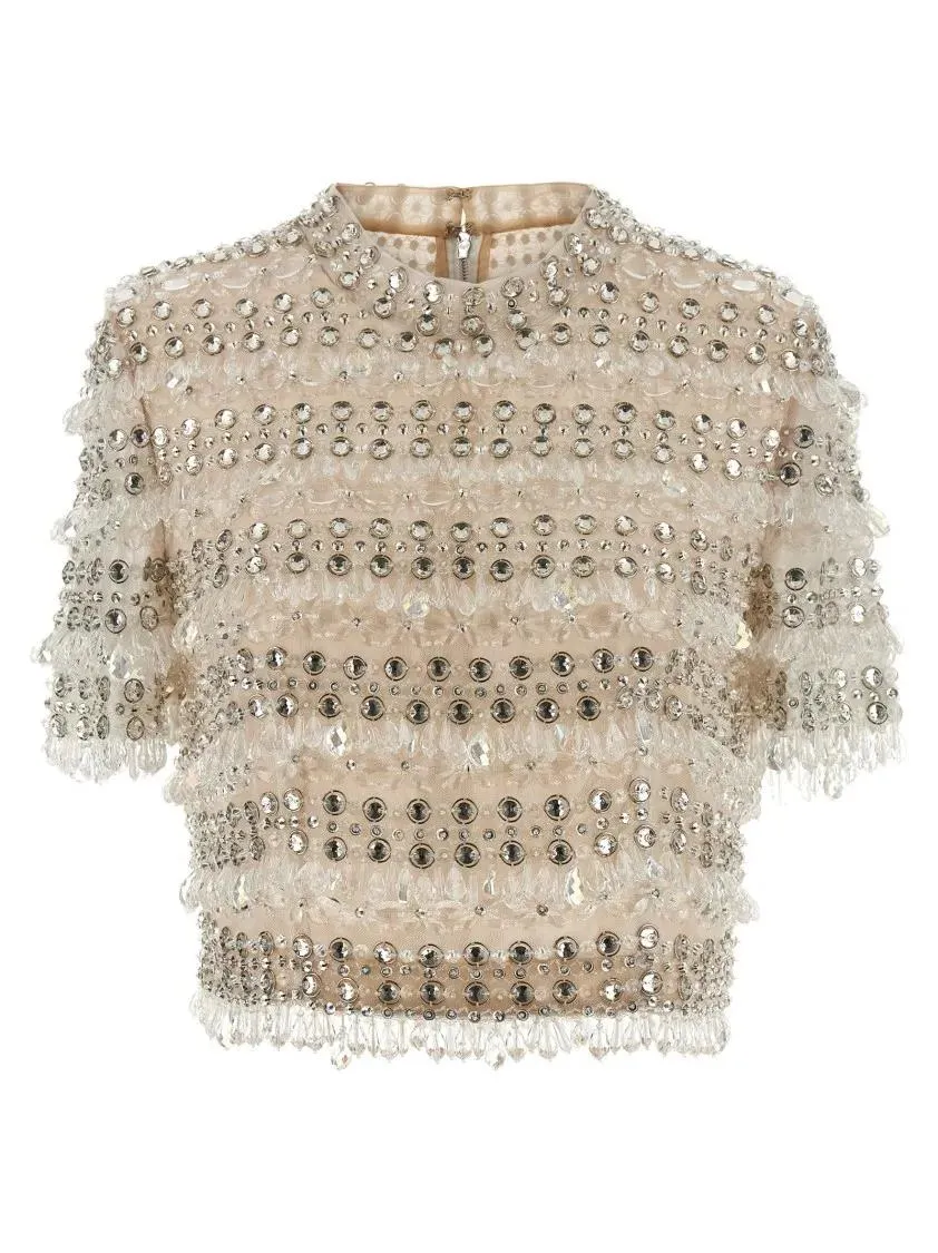 Carolina Herrera - %27Crystal-Embroidered Crop%27 Top - Größe 8 - beige Carolina Herrera - %27Crystal-Embroidered Crop%27 Top - Größe 8 - beige