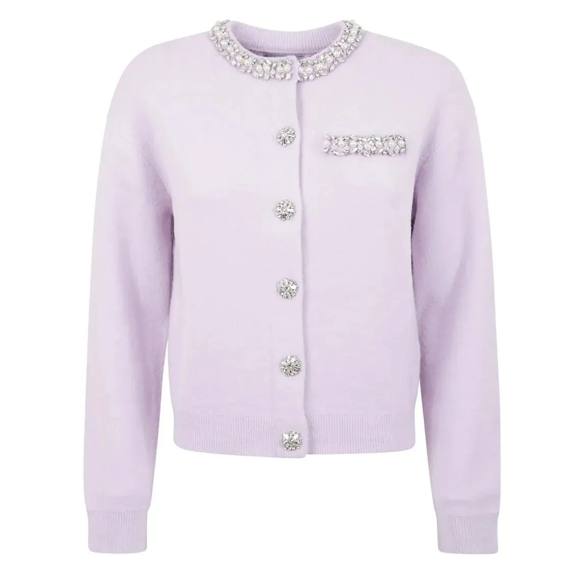 self-portrait - Embellished Round Neck Cardigan With Crystal Accen - Größe L - lila self-portrait - Embellished Round Neck Cardigan With Crystal Accen - Größe L - lila