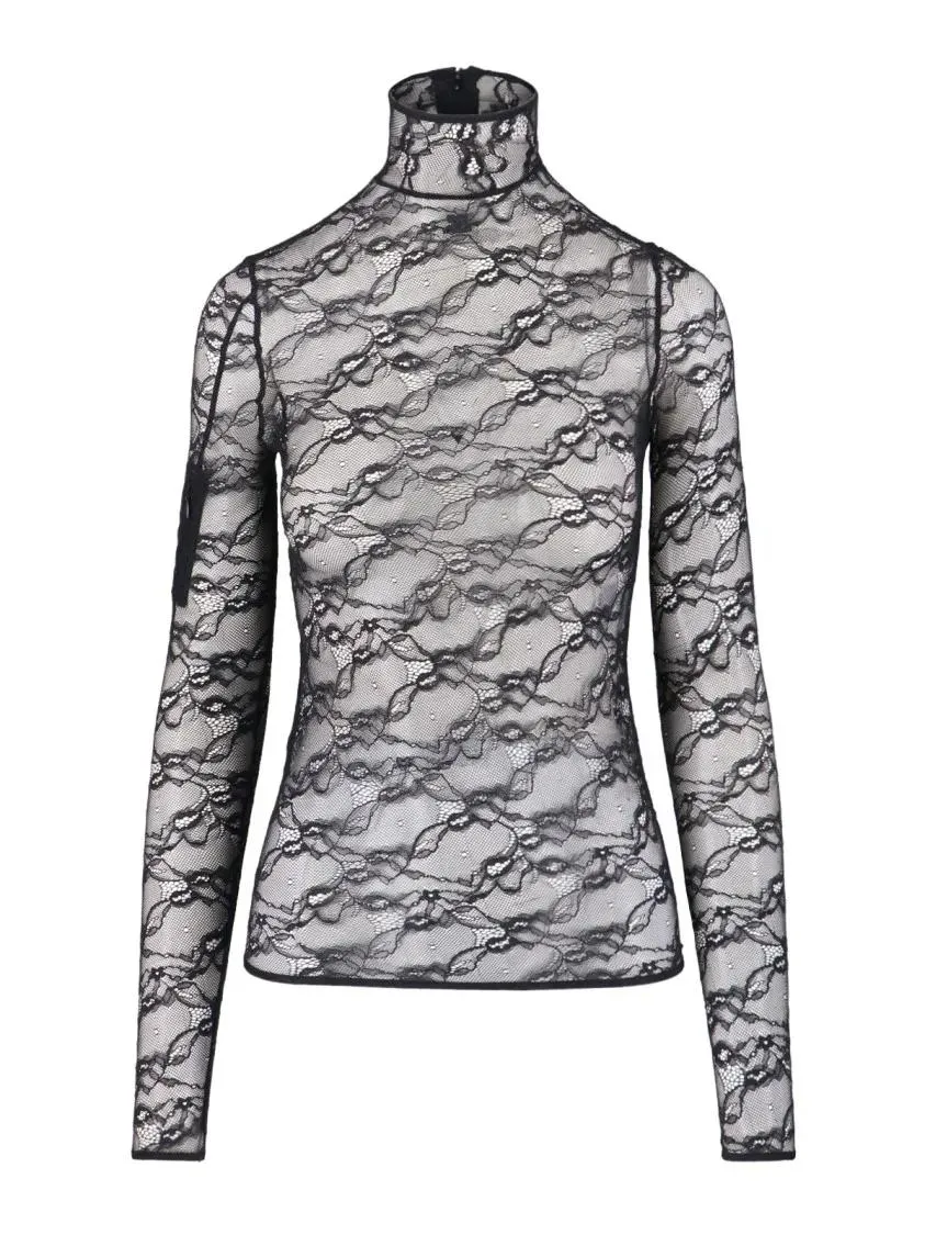Courrèges - Intricately Designed Sheer Lace Top With High Neck - Größe M - schwarz Courrèges - Intricately Designed Sheer Lace Top With High Neck - Größe M - schwarz