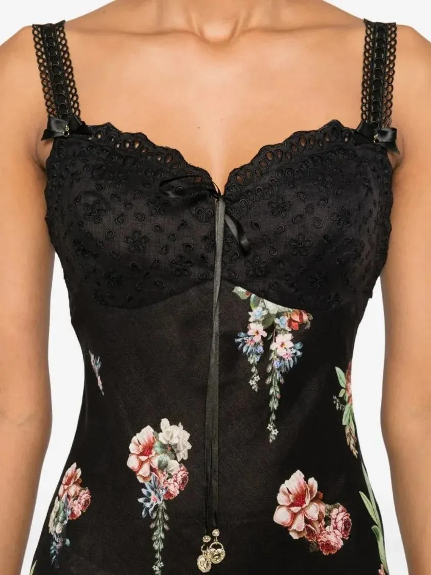 Camilla - Lace-Trimmed Floral-Print Midi Dress - Größe M - schwarz – Bild 3