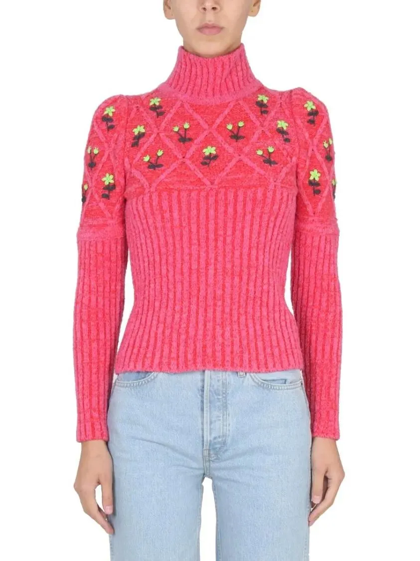 Cormio - Ribbed Knit Jersey With Floral Embroidery - Größe XS - rot Cormio - Ribbed Knit Jersey With Floral Embroidery - Größe XS - rot