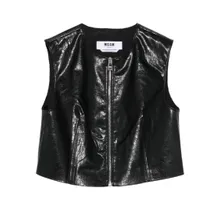 MSGM - Textured Black Faux Leather Sleeveless Top With Fr - Größe 44 - schwarz MSGM - Textured Black Faux Leather Sleeveless Top With Fr - Größe 44 - schwarz