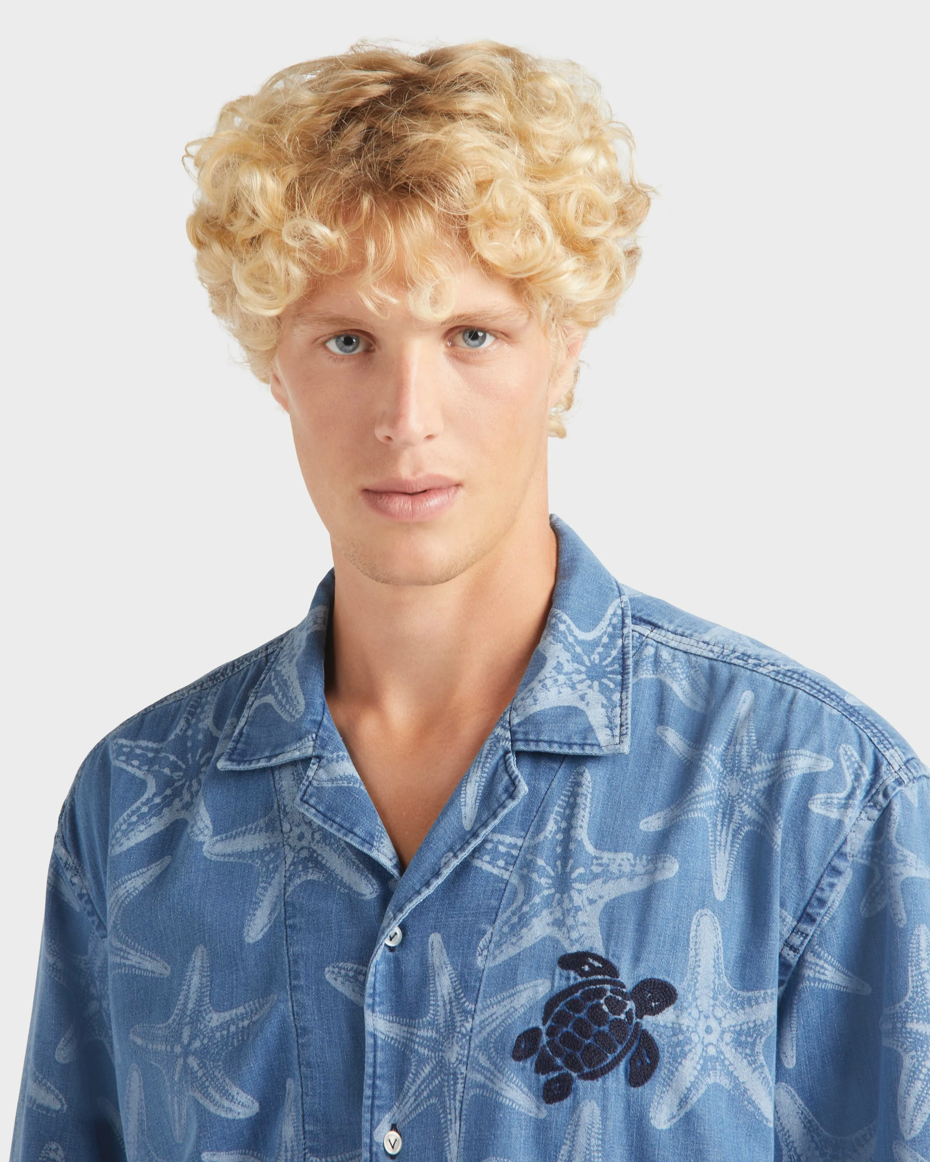 Vilebrequin - Hemd Aus Leichtem Denim Mit Starfish-print - Hemd - Graniers - Blau - Größe M – Bild 6