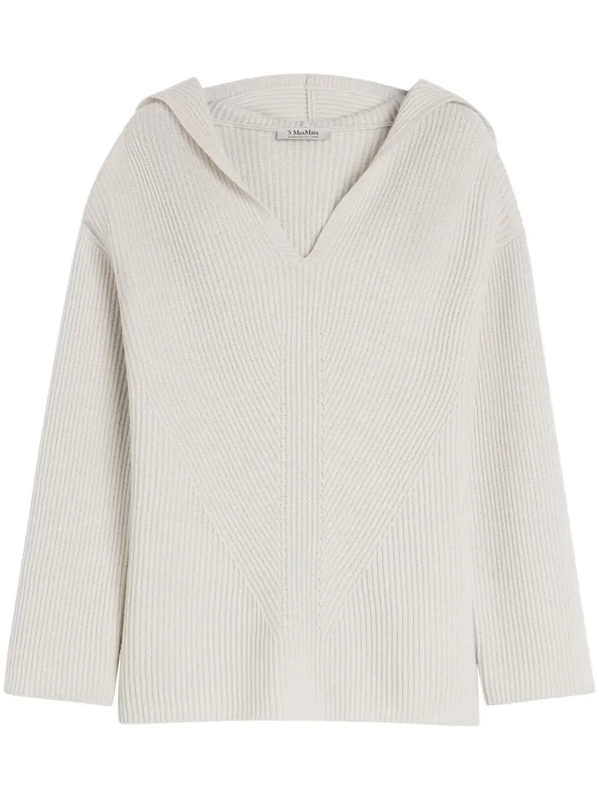 Max Mara - Relaxed Fit Deep V-Neck Sweater With Cozy Hood - Größe S - weiß Max Mara - Relaxed Fit Deep V-Neck Sweater With Cozy Hood - Größe S - weiß
